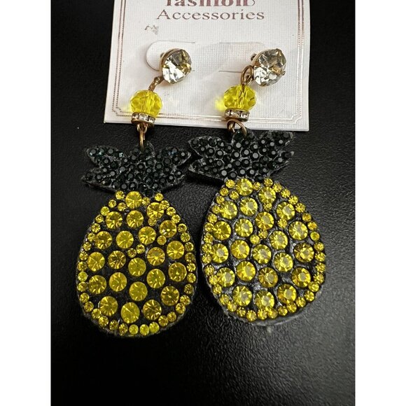 Felt & Rhinestone Yellow & Black PINEAPPLE Drop Dangle Earrings - Picture 1 of 8